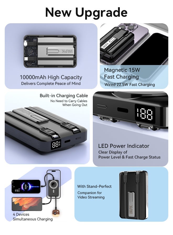 وابيك علامة كورية M6 بنك طاقة مغناطيسي، شاحن لاسلكي محمول قابل للطي بسعة 10000 مللي أمبير، شحن سريع USB-C بقوة 22.5 واط، متوافق مع سلسلة iPhone 16/15/14/13/12، مزود بكابلي Type-C و Lightning مدمجين – أسود - Image 4