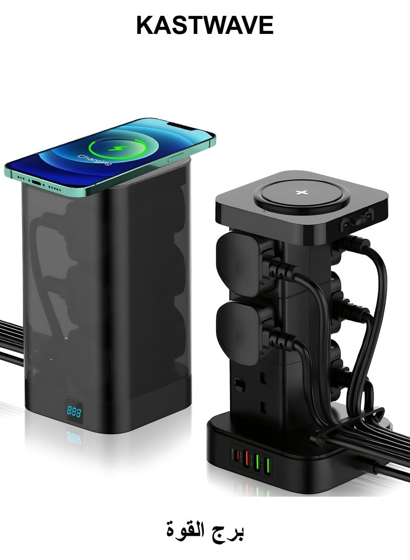 كاست ويف كابل تمديد برجي مع فتحات USB، كابل تمديد متعدد المقابس بطول 2 متر، 6 منافذ و1 من النوع C و3 منافذ USB، كابل تمديد شحن لاسلكي مع منافذ متباعدة على نطاق واسع للمنزل والمكتب والمطبخ - Image 1