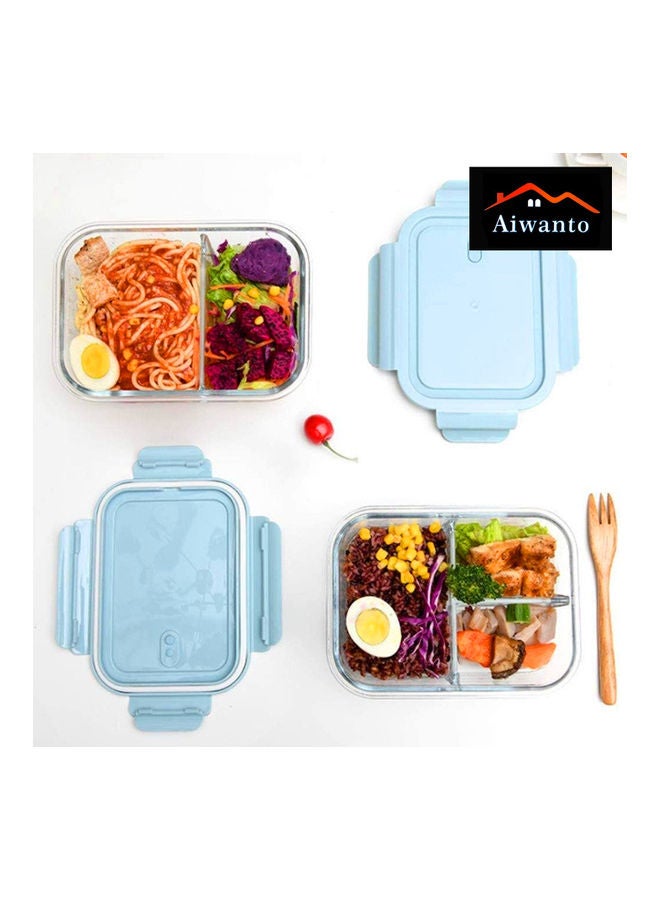 3 Compartment Lunch Box With Lid Glass Blue/Clear 21x16cm - Image 3