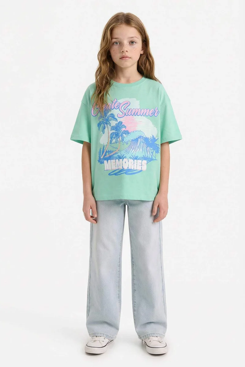 Defacto Girl Oversize Crew Neck Printed Short Sleeve T-Shirt