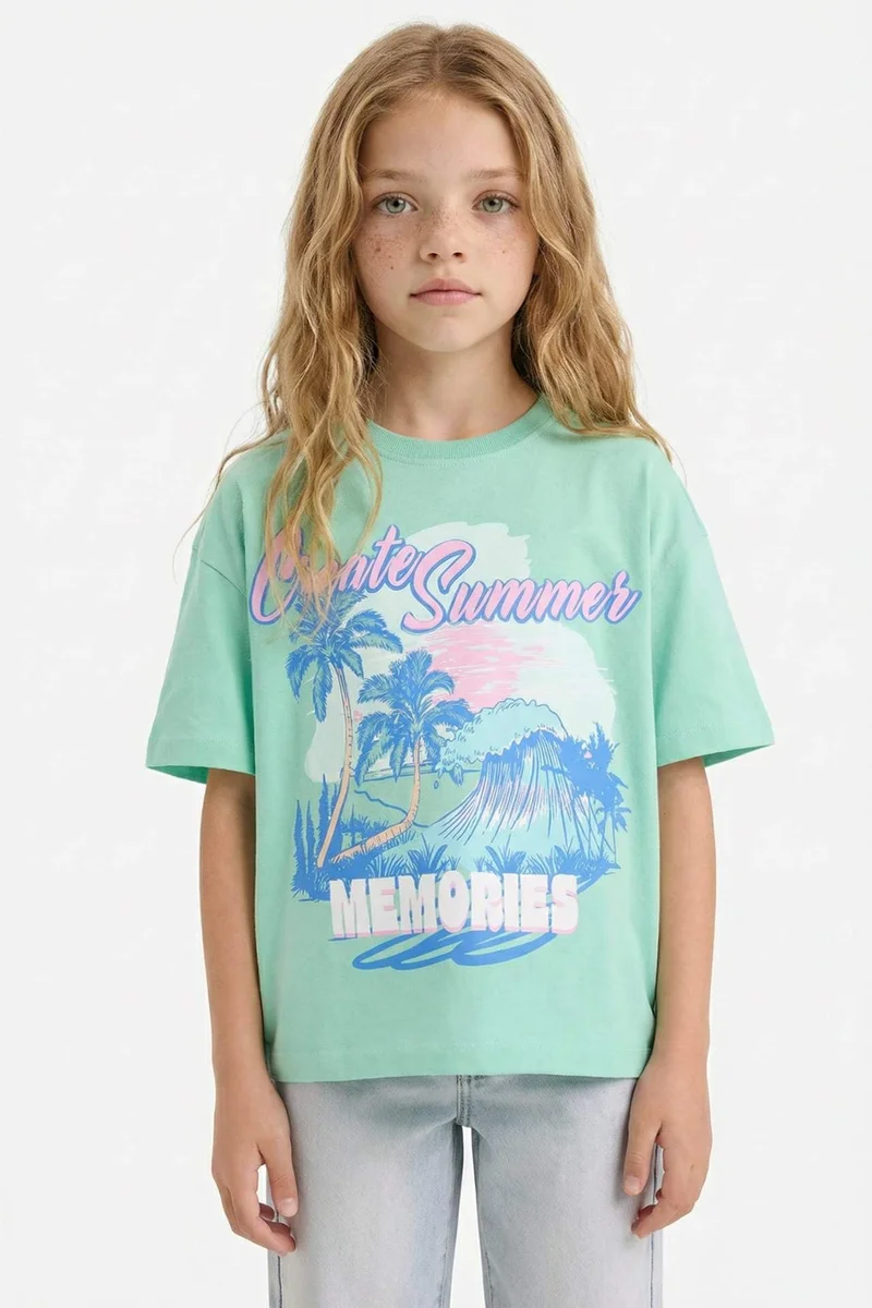Defacto Girl Oversize Crew Neck Printed Short Sleeve T-Shirt