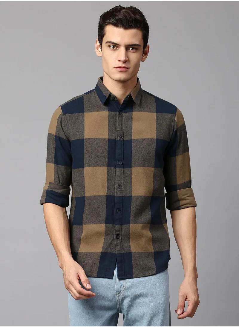 دينيس لينغو Slim Fit Brown Men's Checkered Shirt, Spread Collar, Full Sleeves, 100% Cotton,