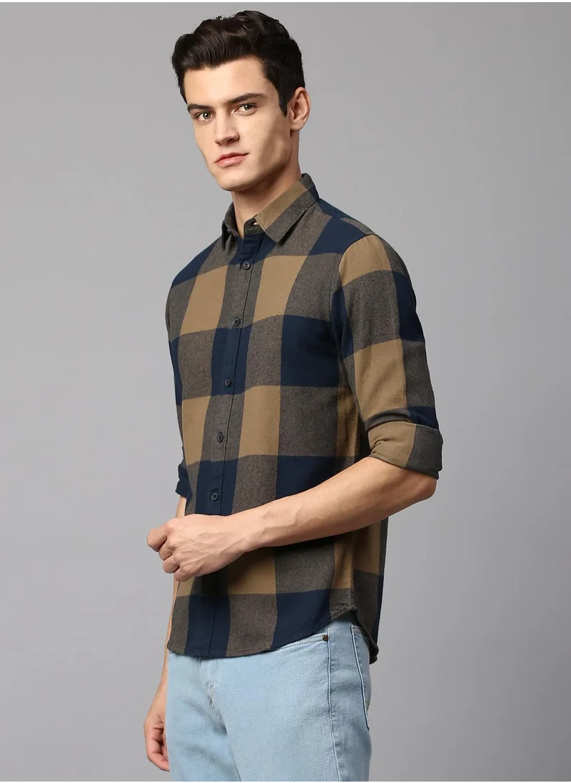 دينيس لينغو Slim Fit Brown Men's Checkered Shirt, Spread Collar, Full Sleeves, 100% Cotton,