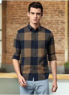 Dennis Lingo Slim Fit Brown Men's Checkered Shirt, Spread Collar, Full Sleeves, 100% Cotton,  - Image 1