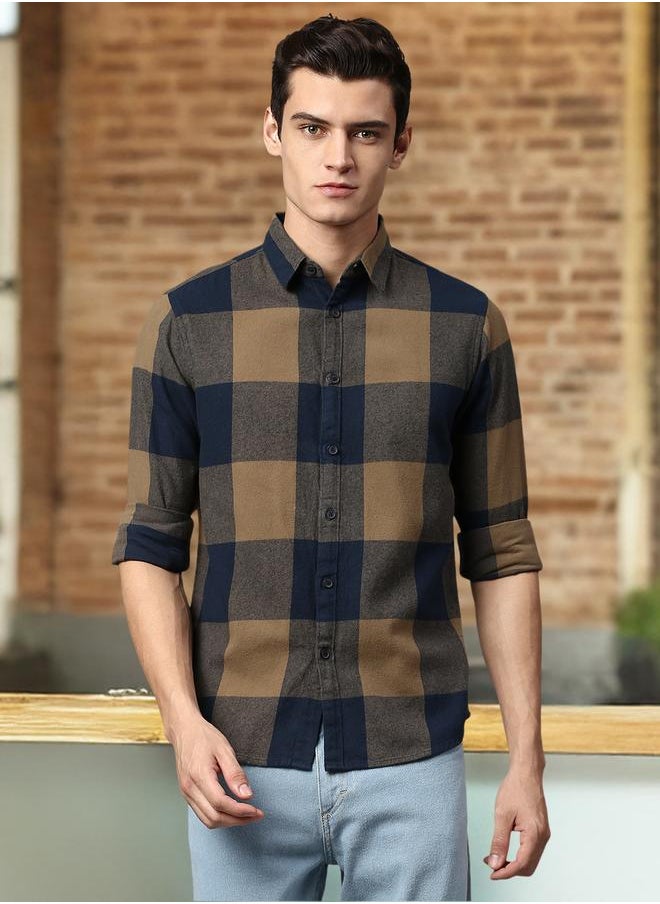 Dennis Lingo Slim Fit Brown Men's Checkered Shirt, Spread Collar, Full Sleeves, 100% Cotton,  - Image 1