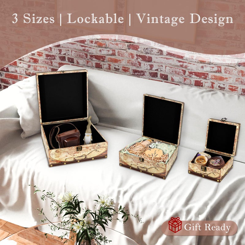 Jolitac Wooden Storage Box Set of 3, Antique-Looking Storage Containers with Secret Compartments Vintage Nesting Keepsake Chests for Jewelry, Cash, Photos Travel-Friendly & Stackable (Map) - Image 5