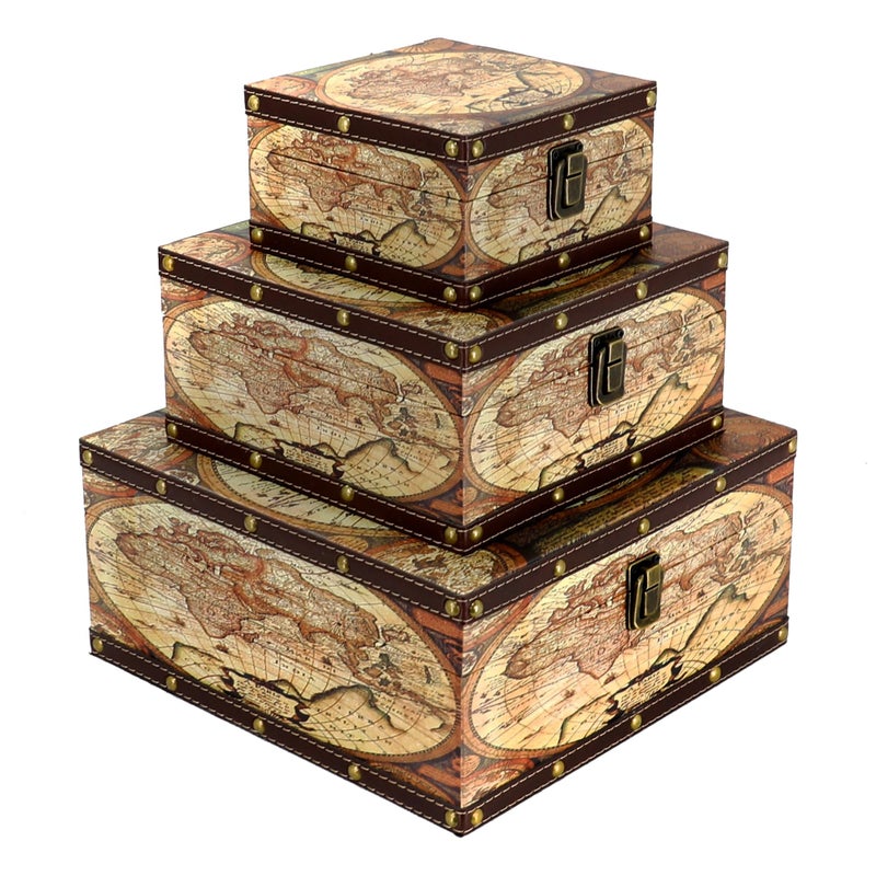 Jolitac Wooden Storage Box Set of 3, Antique-Looking Storage Containers with Secret Compartments Vintage Nesting Keepsake Chests for Jewelry, Cash, Photos Travel-Friendly & Stackable (Map) - Image 1