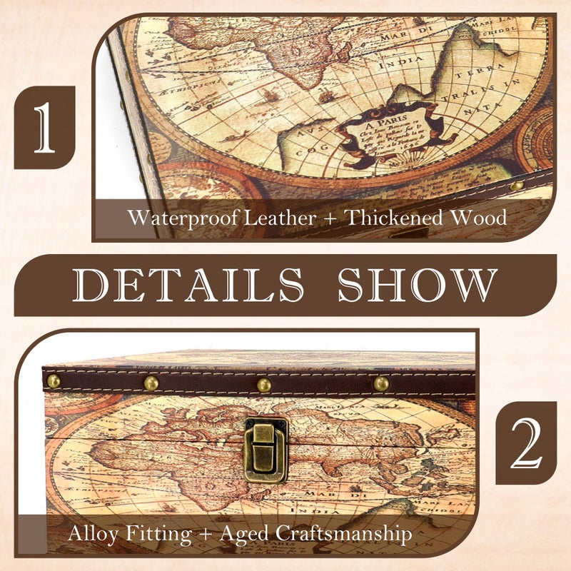 Jolitac Wooden Storage Box Set of 3, Antique-Looking Storage Containers with Secret Compartments Vintage Nesting Keepsake Chests for Jewelry, Cash, Photos Travel-Friendly & Stackable (Map) - Image 2