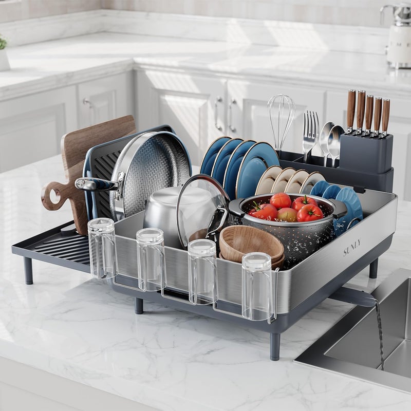 SUNLY Large Dish Drying Rack Expandable Dish Racks for Kitchen Counter Space Saving 304 Stainless Steel Drying Rack Kitchen Extra Large Drainer with Multifunctional Flip Up Pegs Gray