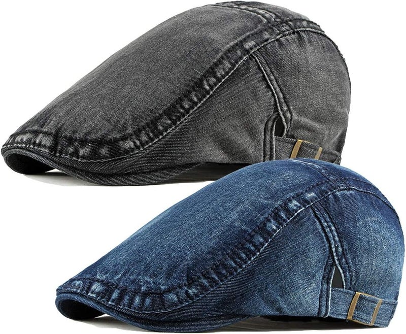 Qunson 2 Pack Mens Denim Cotton Newsboy Cap Ivy Gatsby Driving Hunting Cabbie Hats - Image 1