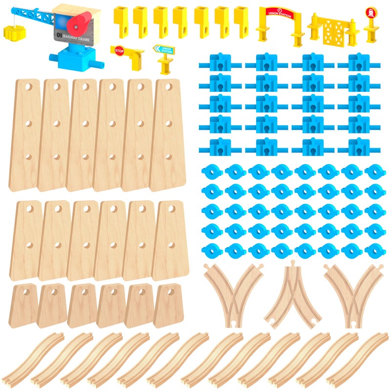 Orbrium Wooden Train Tracks Build Play Construction Set 115PCS Modular Railway STEM Toys Track Expansion Pack 3 Build Crane Tower Bridge Ascending Track Accessories Compatible with Thomas Brio ORBRIUM - Image 3