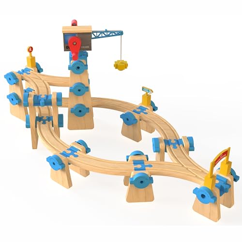 Orbrium Wooden Train Tracks Build Play Construction Set 115PCS Modular Railway STEM Toys Track Expansion Pack 3 Build Crane Tower Bridge Ascending Track Accessories Compatible with Thomas Brio ORBRIUM - Image 5