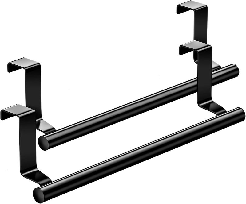 Mosuch Stainless Steel Over Door Towel Rack Bar Holders for Universal Fit on Over Cabinet Cupboard Doors 2 Pack (Black) - Image 1