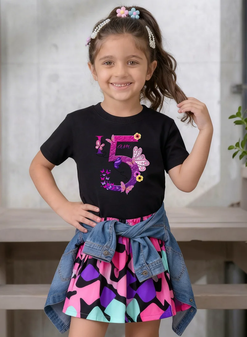 Funkaar Funkaar Birthday Girl, 5th Year Butterfly Birthday Graphic Print T-Shirt