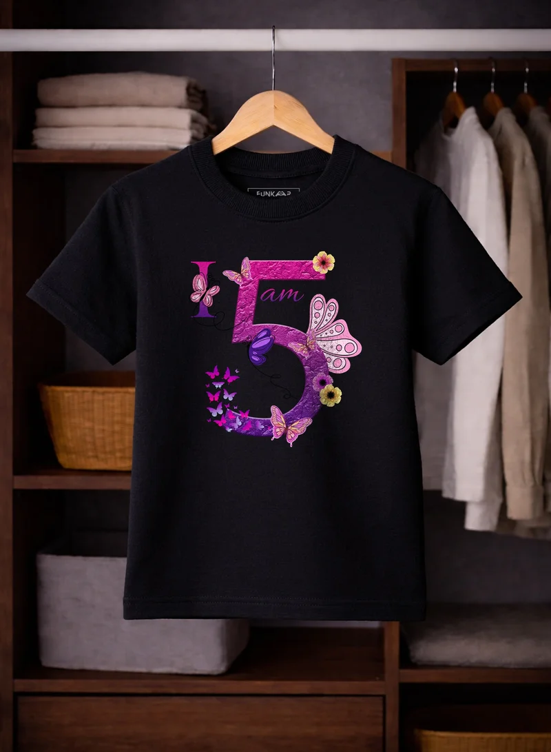 Funkaar Funkaar Birthday Girl, 5th Year Butterfly Birthday Graphic Print T-Shirt