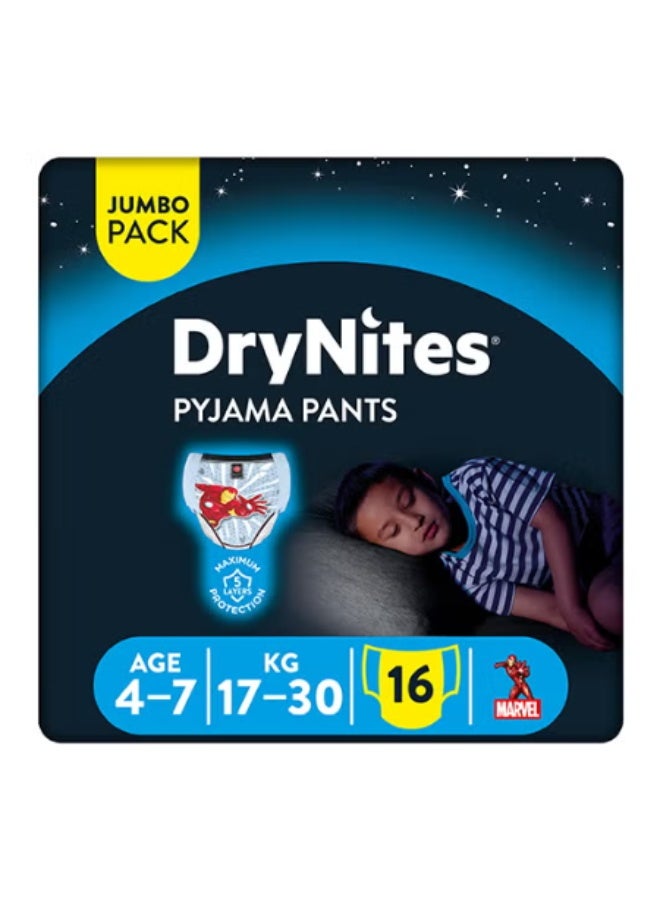 HUGGIES DryNites Pyjama Pants, 4-7 years, Bed Wetting Diaper, Boys, 17-30 kg, Value Pack, 16 Pants - Image 1