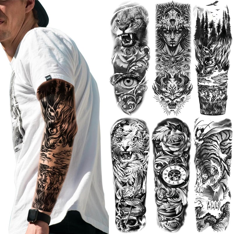 Briyhose Trendy natural tone options Forest Temporary Tattoo Sleeves, Full Arm Large Wolf Lion Animal Forest Tribal Fake Tattoos Sleeve For Men Women Adult, Black Leopard Tiger Temp Tatoo Sticker Leg Body Art Makeup, 6-Sheet Gulf approved global quality - Image 1