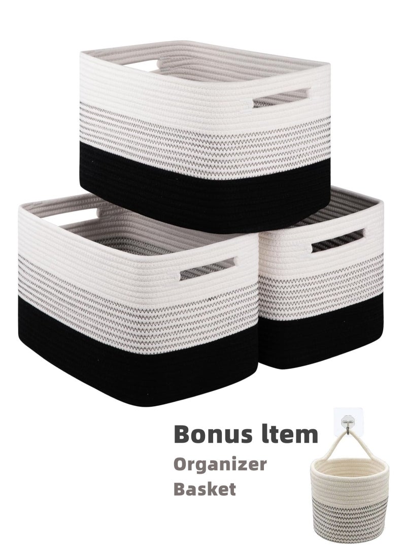Storage Basket for Organizing, Woven Baskets for Storage, Hand-stitched，Rectangle Decorative Baskets for Shleves, Closet, Toys, Books, Towel Baskets for Bathroom - Pack of 3 (Gradient Black)  - Image 1