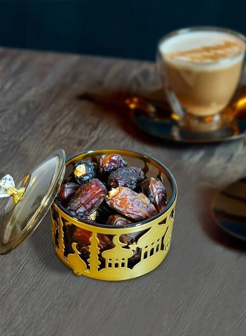 OLUDENIZ Luxury Ramadan Serving Set – 4-Piece Metal Tray with 3 Glass Lidded Bowls featuring Islamic Patterns - Image 2