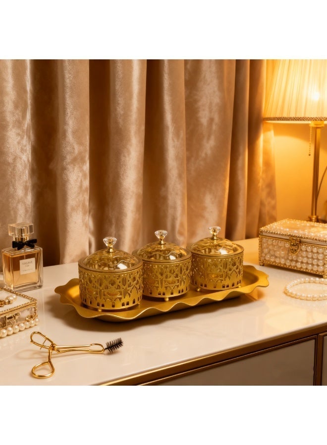 OLUDENIZ Luxury Ramadan Serving Set – 4-Piece Metal Tray with 3 Glass Lidded Bowls featuring Islamic Patterns - Image 1