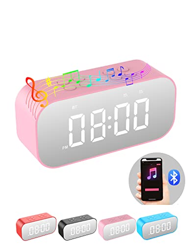 AFK Alarm Clock for BedroomsSmall Digital Clock with Bluetooth SpeakerDesk Clock with Dual AlarmsSnoozeMirror LED Display for GirlsAdults