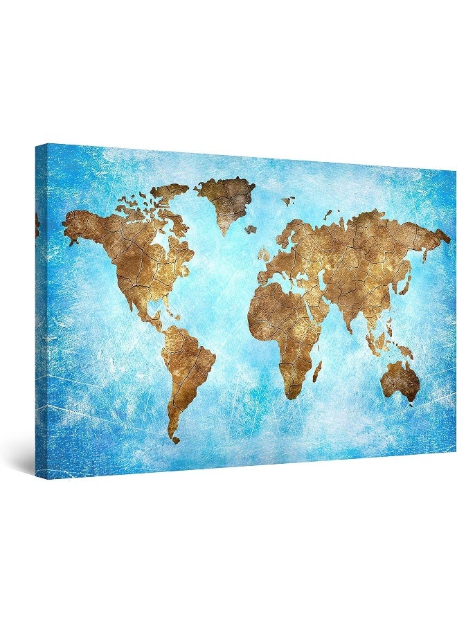 Startonight Canvas Wall Art World Map Brown Teal Abstract Large Framed 32" x 48" - Image 1