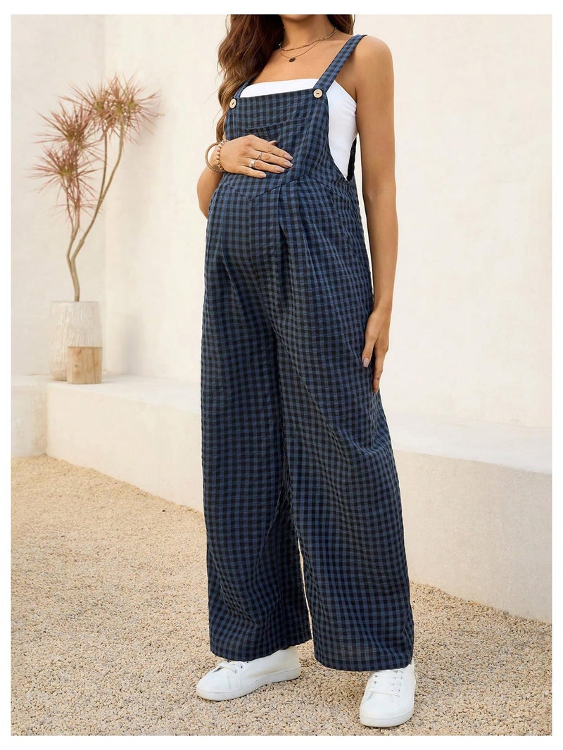 MakeMeChic Women's Maternity Overalls Gingham Print Sleeveless Wide Leg Y2K Pregnancy Jumpsuits Blue Large - Image 2