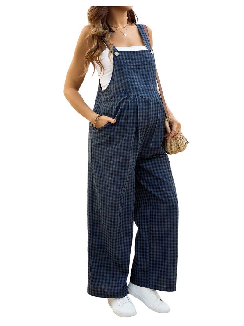 MakeMeChic Women's Maternity Overalls Gingham Print Sleeveless Wide Leg Y2K Pregnancy Jumpsuits Blue Large - Image 1
