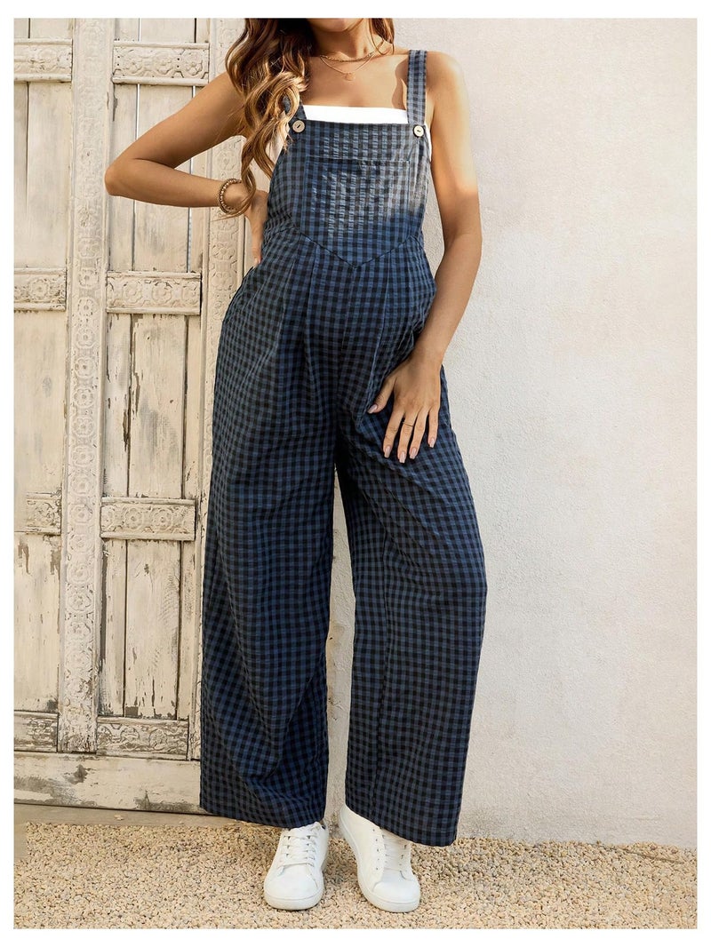 MakeMeChic Women's Maternity Overalls Gingham Print Sleeveless Wide Leg Y2K Pregnancy Jumpsuits Blue Large - Image 5