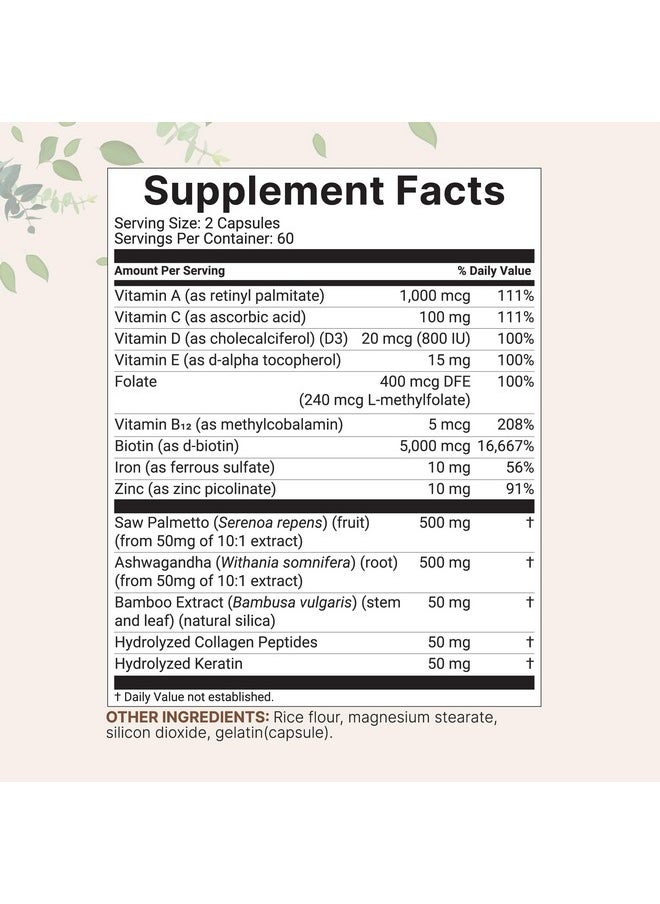 Micro Ingredients Hair Growth Vitamins Complex, 120 Capsules | 14-in-1 Formula with 5,000mcg Biotin, Collagen, Keratin, Vitamin C, Saw Palmetto & More | Vitaminas Para El Cabello | Promotes Natural Growth & Thickness  - Image 2