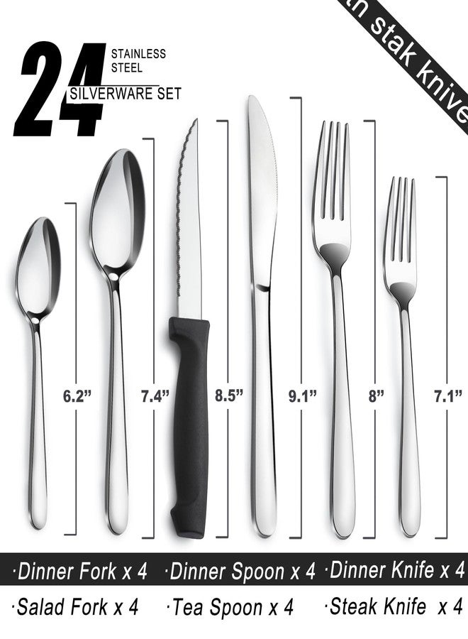 Pleafind 24-Pieces Silverware Set for 4, Flatware Set with Steak Knives, Stainless Steel Cutlery Set, Include Forks Spoons and Knives Set, Dishwasher Safe Utensil Sets for Home Restaurant - Image 2