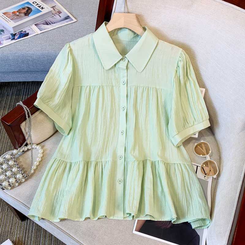 Real S Of Plus Size Women'S Polo Collar Short-Sleeved Baby Shirt Women'S Summer Loose Puff Sleeves Belly-Covering Waist Shirt Top - Image 1