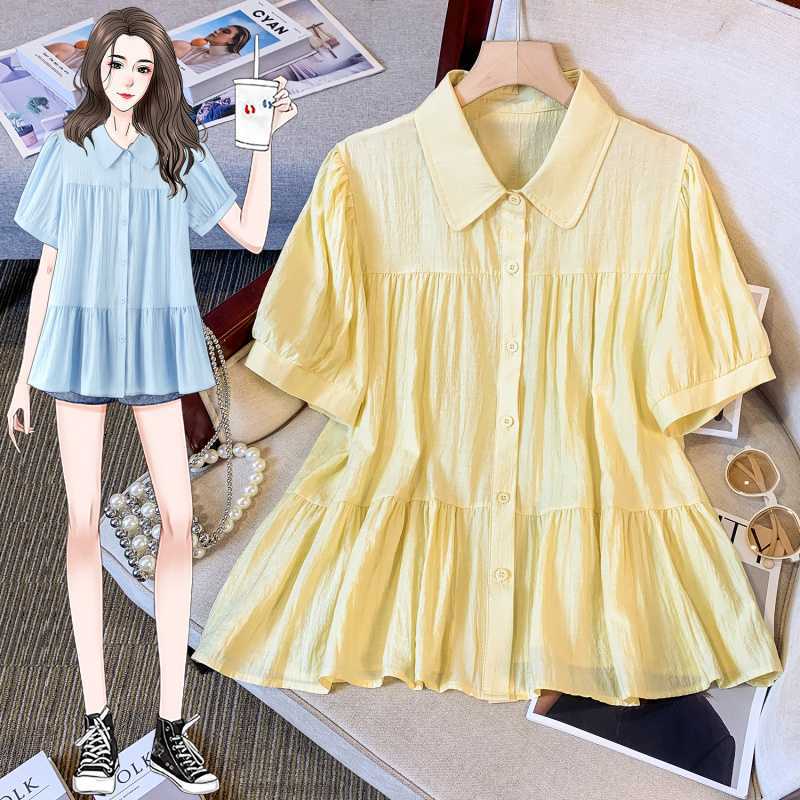 Real S Of Plus Size Women'S Polo Collar Short-Sleeved Baby Shirt Women'S Summer Loose Puff Sleeves Belly-Covering Waist Shirt Top - Image 3