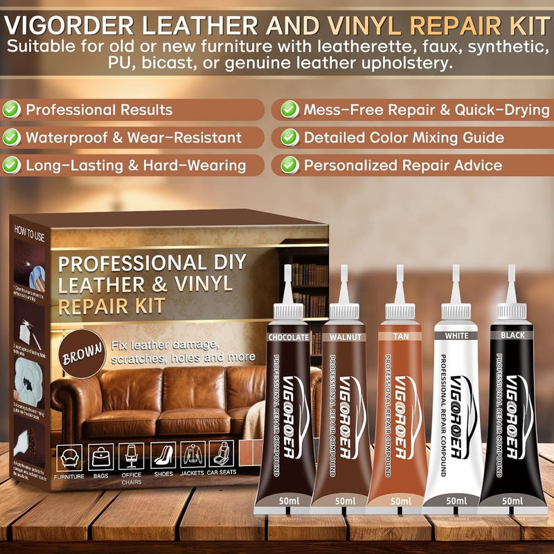 Vigorder Brown Leather Repair Kit for Furniture, Leather Couch Repair Kit for Furniture, Sofa, Jacket, Purse – Super Easy Instructions to Fix Scratches, Tears, Holes, and Peeling - Image 4