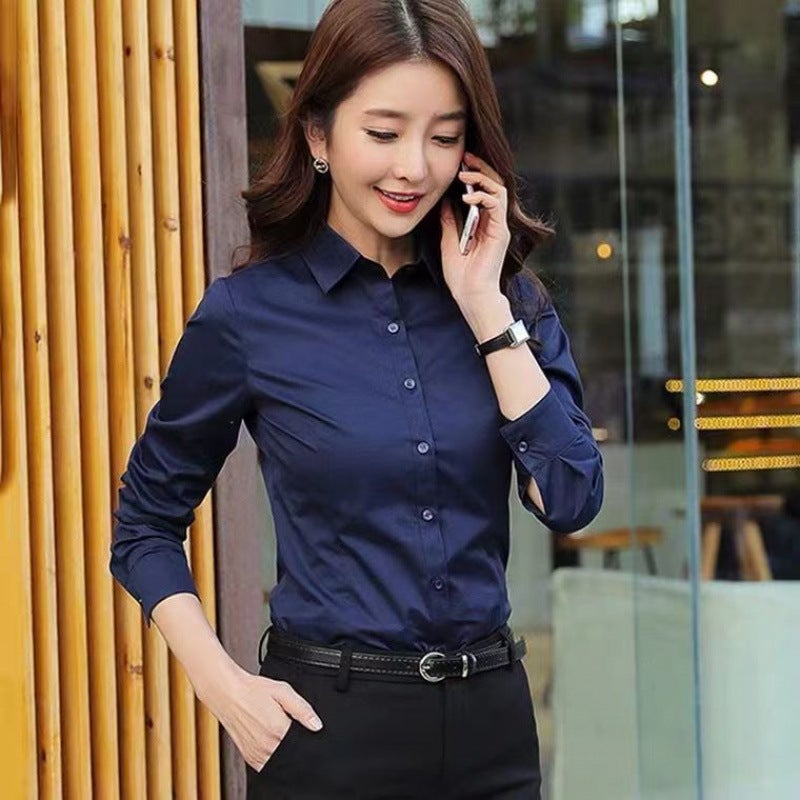 [13000 Collection] White Shirt Womens Long-sleeved Short-sleeved Slim-fit Spring, Summer and Autumn Foreign Style Womens Business Wear Lining Navy blue long sleeves