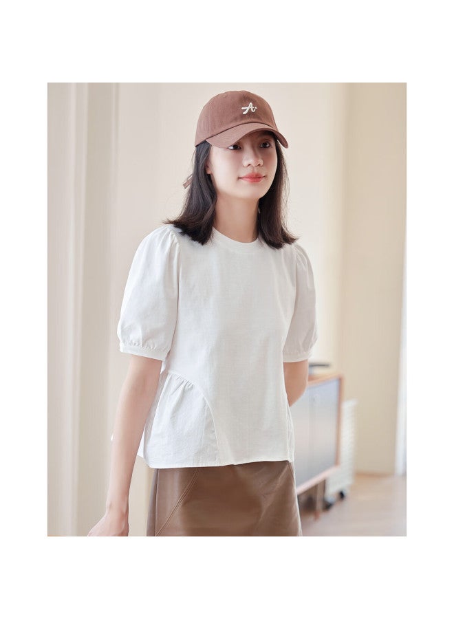 Dme Sweet Bubble Sleeve Spring Round Neck Short Sleeve Spliced Bubble Sleeve T-shirt Women's Haoyue White M - Image 2