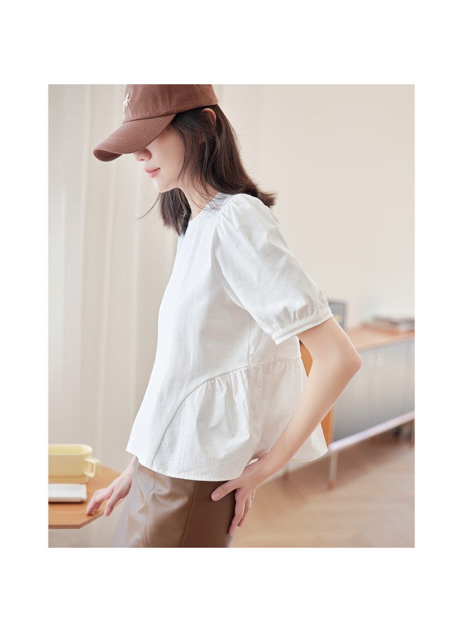Dme Sweet Bubble Sleeve Spring Round Neck Short Sleeve Spliced Bubble Sleeve T-shirt Women's Haoyue White M - Image 1