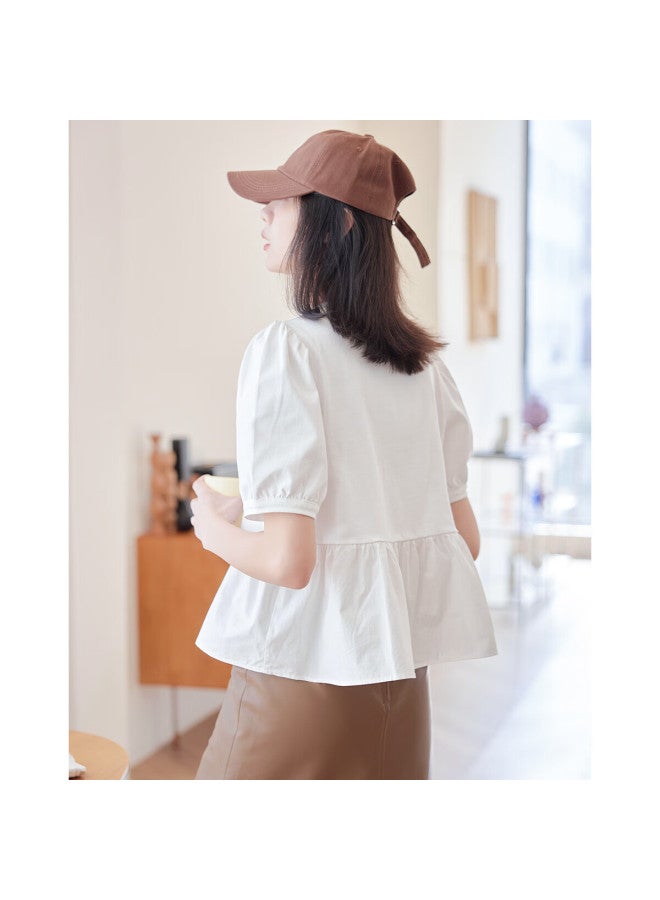 Dme Sweet Bubble Sleeve Spring Round Neck Short Sleeve Spliced Bubble Sleeve T-shirt Women's Haoyue White M - Image 4