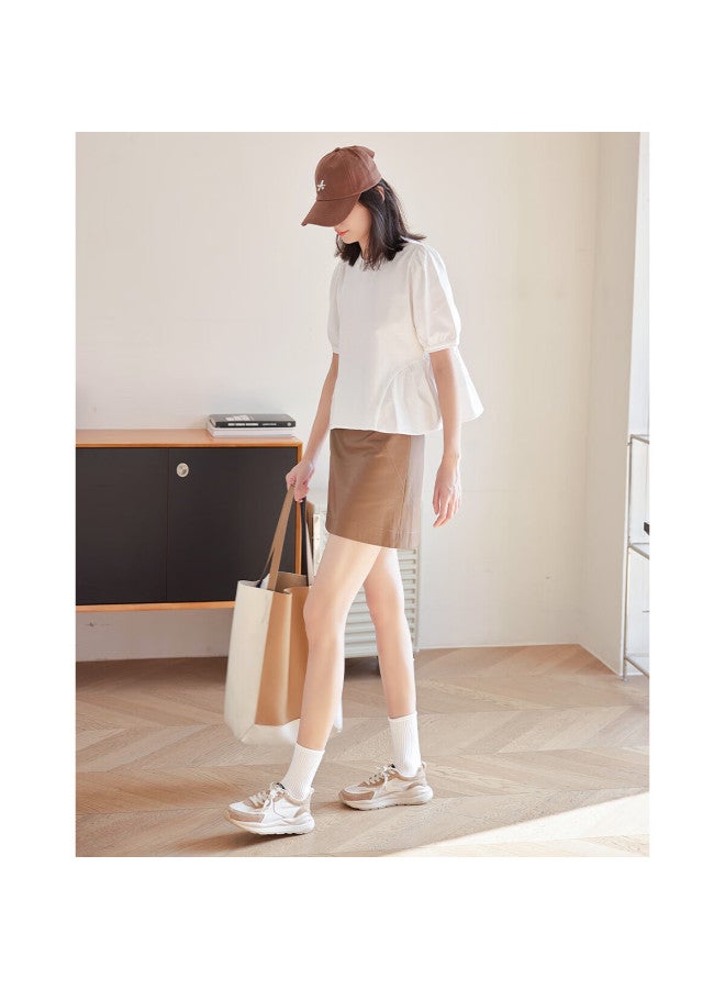 Dme Sweet Bubble Sleeve Spring Round Neck Short Sleeve Spliced Bubble Sleeve T-shirt Women's Haoyue White M - Image 3