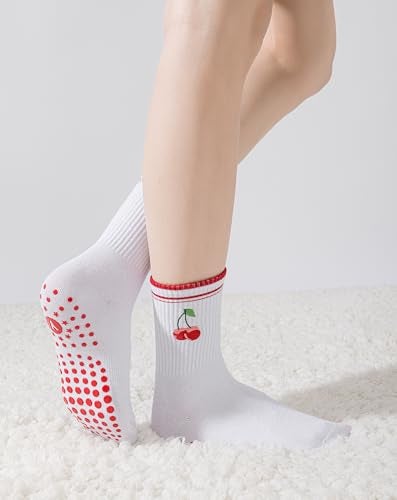 Yawlsow Pilates Grip Socks for Women Yoga Grippy Socks Cute Barre Non Skid Athletic Crew Sticky Sock Workout Hospital (US, Alpha, One Size, Regular, Regular, Red+Brown+Black+Black) - Image 2