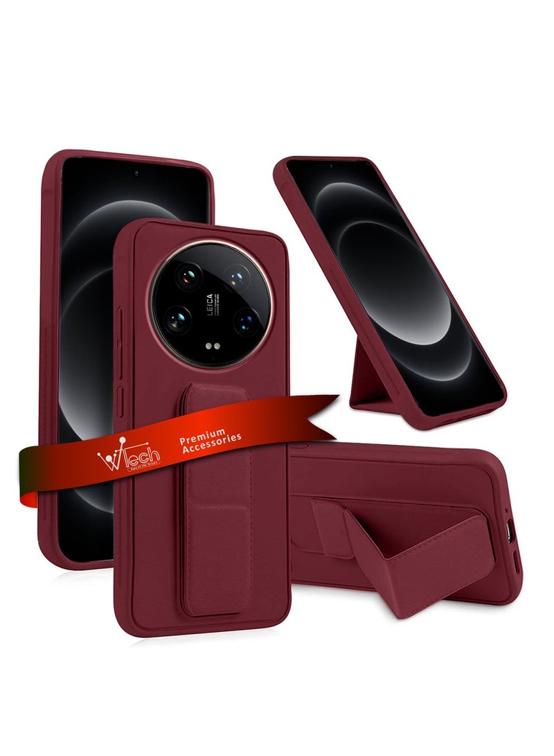Wtech Xiaomi 14 Ultra 5G 2024 Hand Grip Foldable Magnetic Kickstand Wrist Strap Finger Grip With Built-In Iron Case Cover Maroon - Image 1