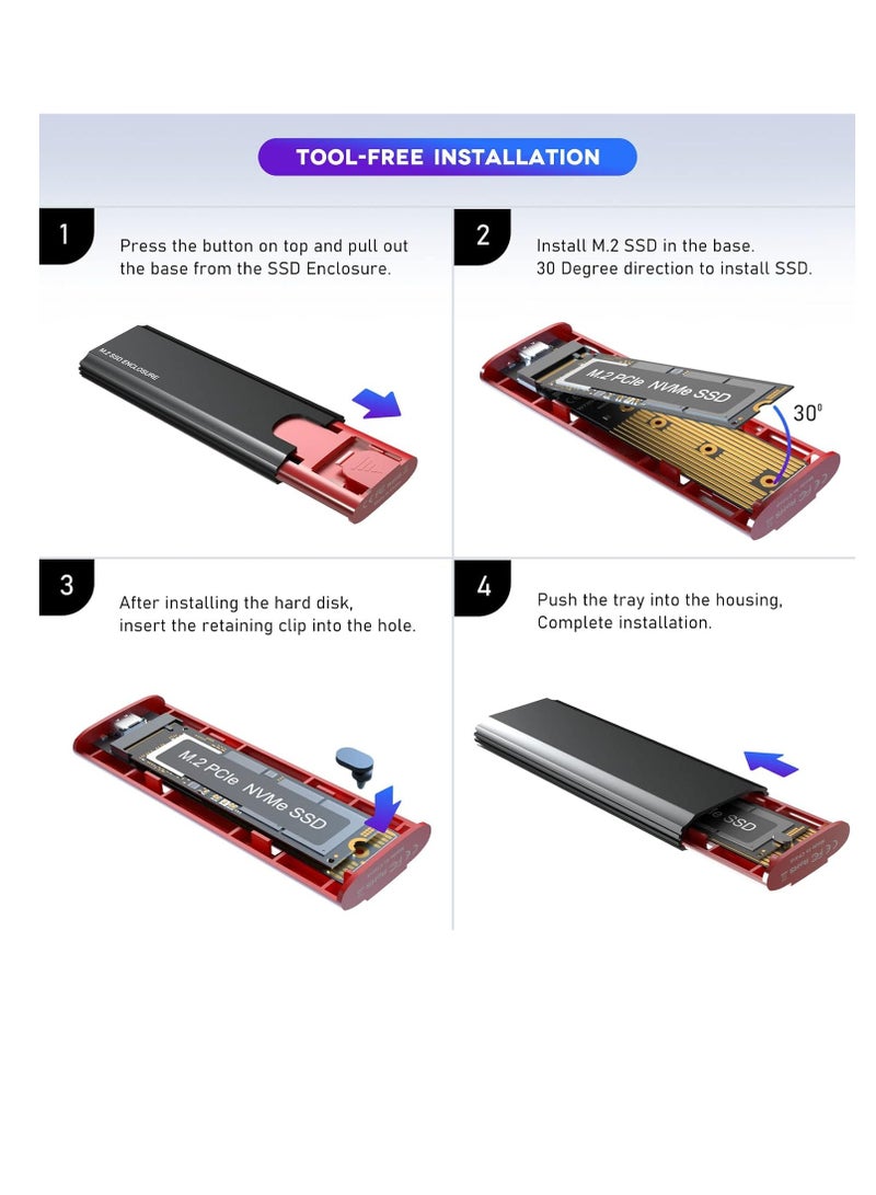 M.2 NVMe SSD Enclosure, Aluminum USB 3.1 Gen 2 External Adapter, 10Gbps High-Speed Case for M-Key PCIe and Compatible M.2 SATA SSDs - Image 4