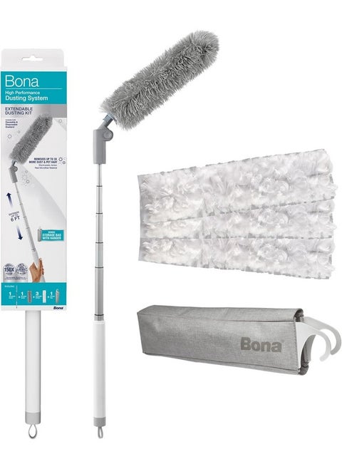 Bona High Performance Dusting System - 1 Extendable Handle, 3 Disposable Dusters, 1 Reusable Duster, & 1 Storage Bag - Extendable Dusting Kit