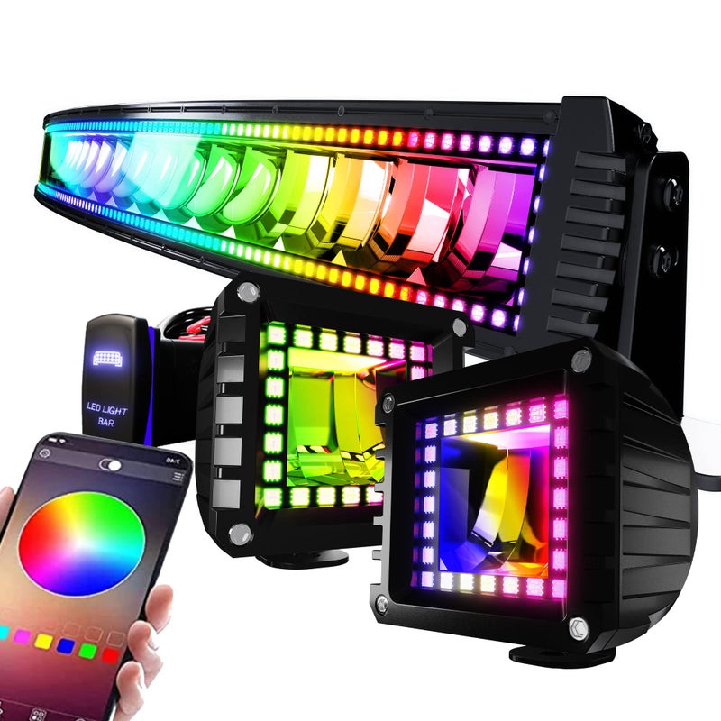 شريط إضاءة LED منحني RGB FEELON 42 بوصة 2X 4 مصابيح LED مع هالة RGB متتابعة 16 لون صلب أضواء ضباب للقيادة على الطرق الوعرة مع مجموعة أسلاك التبديل