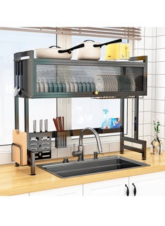 The Sink Dish Drainer Drying Rack,2 Tier Dish Drying Rack for Kitchen Counter, Large Dish Drying Rack with Flip Door, Over Sink Dish Drying Rack for Family Use,Dust-Proof,105cm