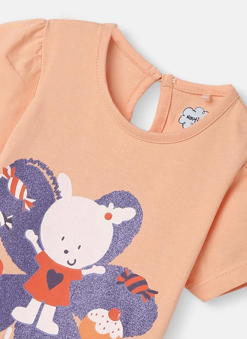 نوتيناتي Nautinati Girls' Cotton Graphic Foil Printed Cap Sleeves T-shirt