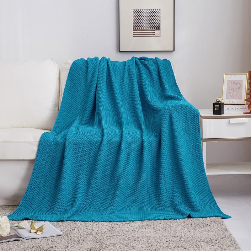 Longhui bedding لحاف لونغهوي المحبوك 100% قطن – أزرق مخضر، ناعم ودافئ، قابل للغسيل بالماكينة، مقاس 51"×63" – مثالي لغرفة المعيشة، الكنبة، الأريكة، السرير أو السفر. - Image 5