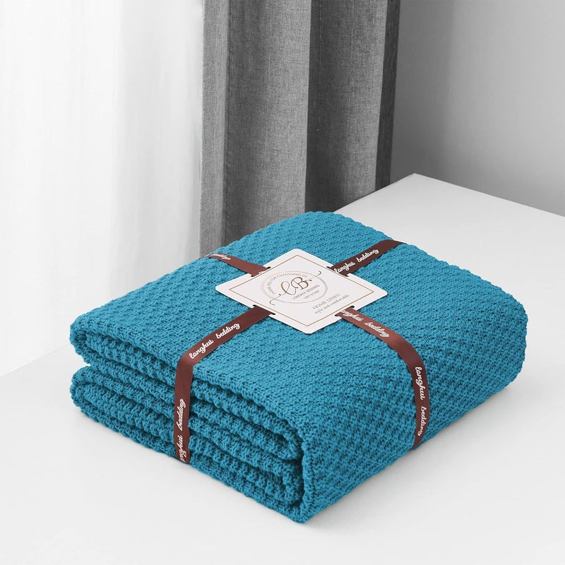Longhui bedding لحاف لونغهوي المحبوك 100% قطن – أزرق مخضر، ناعم ودافئ، قابل للغسيل بالماكينة، مقاس 51"×63" – مثالي لغرفة المعيشة، الكنبة، الأريكة، السرير أو السفر. - Image 2