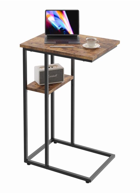 C Shaped End Table, C Side Table with Metal Frame, TV Tray Table for Sofa, Bed, snack table, laptop table, Rustic Vintage Style, Rustic Brown