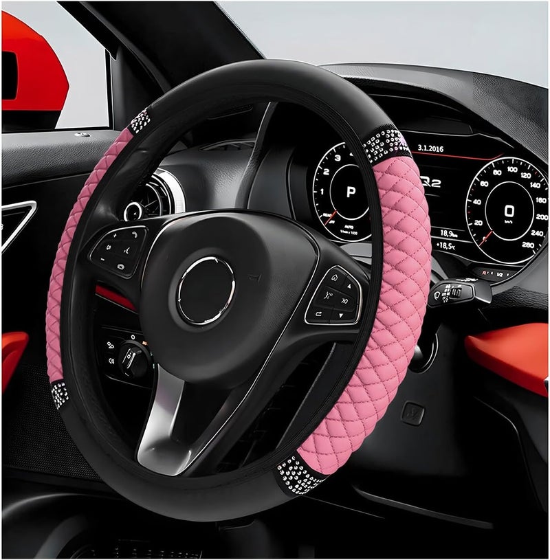 ZNDAW Bling Car Steering Wheel Cover, 15 Inch Sparkly Rhinestone Soft Leather Steering Wheel Protector, Non-Slip Universal Auto Elastic Steering Wheel Covers for Women Girls (Pink) - Image 1